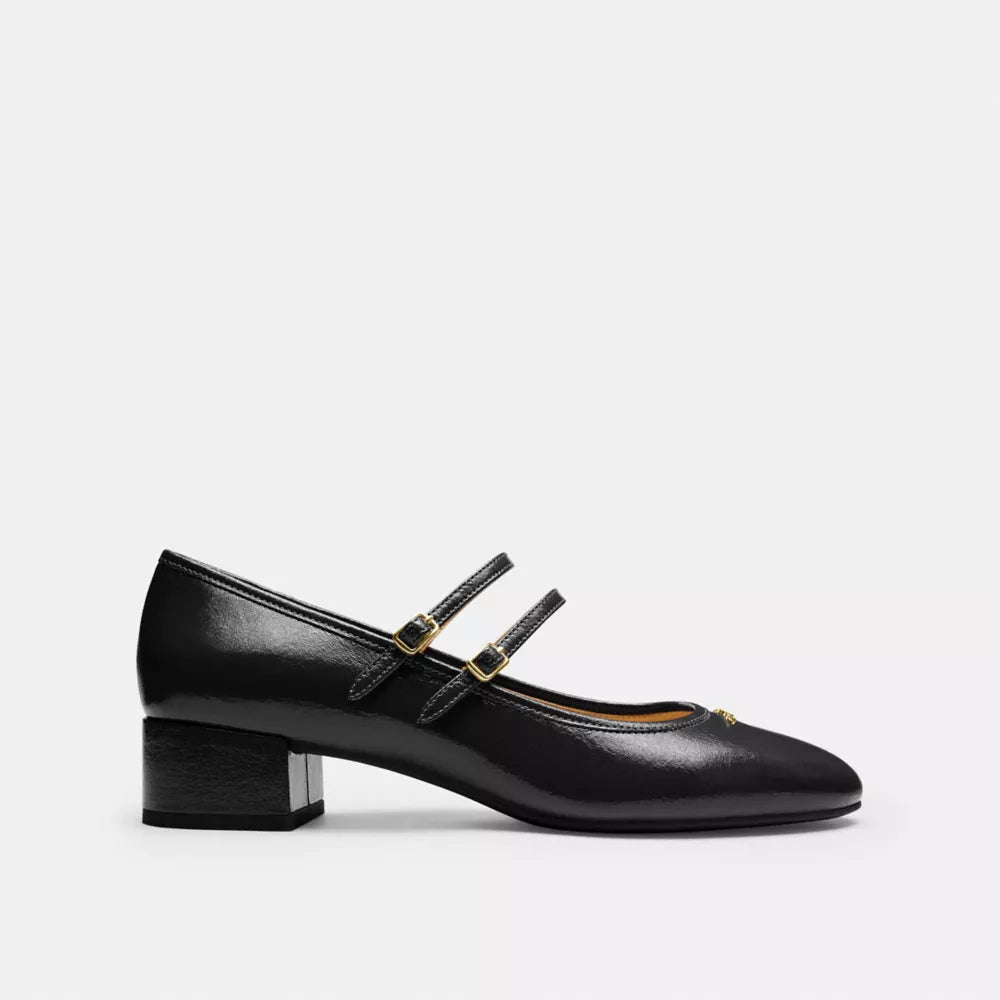 Double Buckle Block Heel Mary Jane - Crinkle Leather/Black