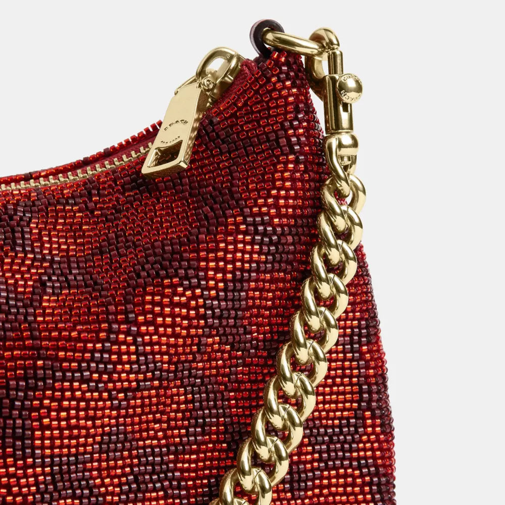 Teri Shoulder Bag In Signature Beaded Satin - Beaded Signature/Gold/Crimson