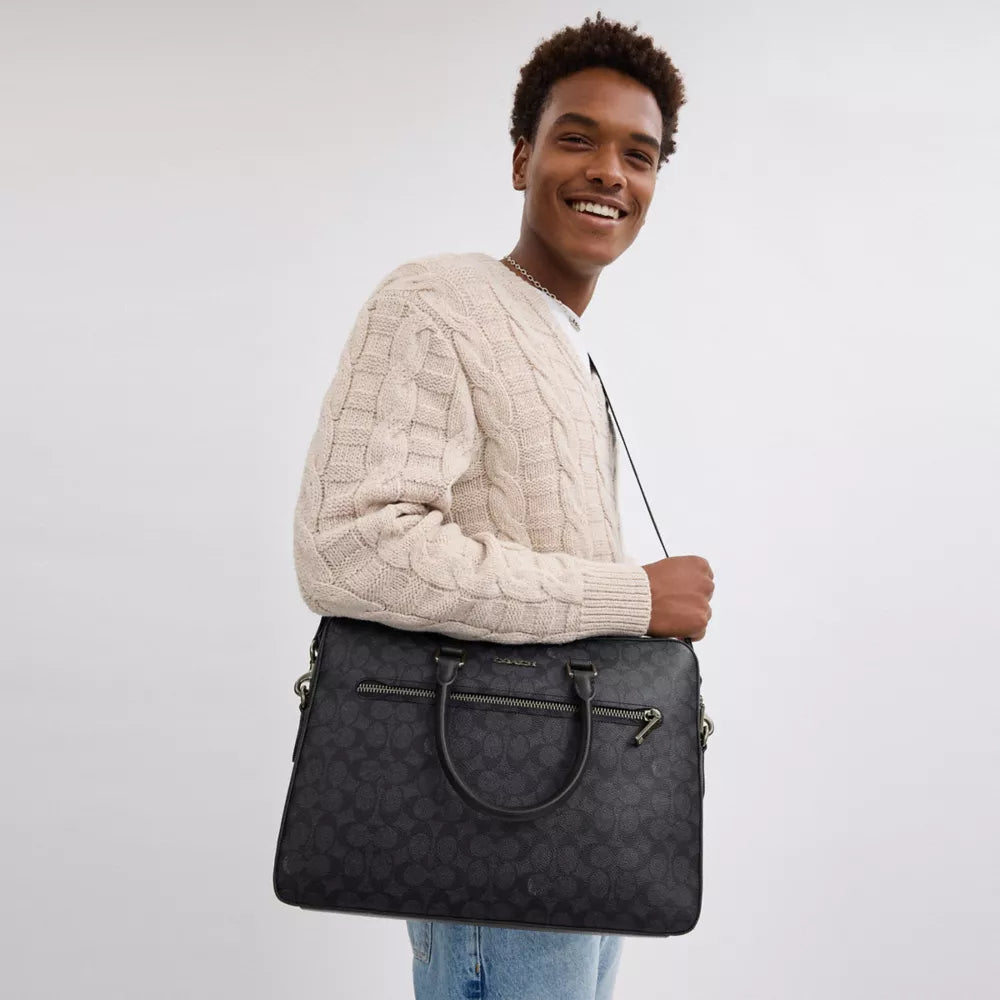 Ethan Slim Brief In Signature Canvas - Signature Canvas/Gunmetal/Charcoal/Black
