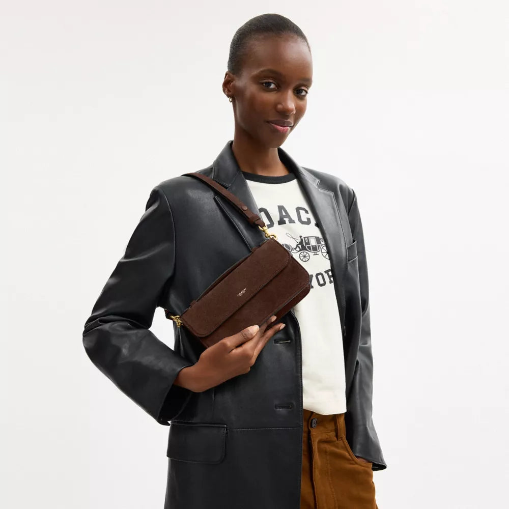 New York Elora Top Handle Crossbody Bag - Suede/Brass/Dark Chocolate