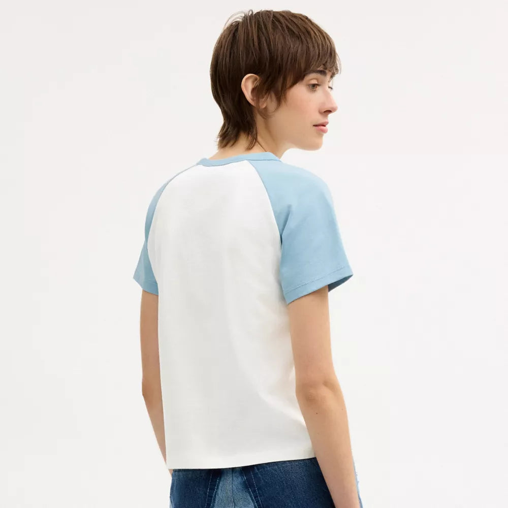 Gingham Sporty Raglan T-Shirt In Organic Cotton - Blue/White