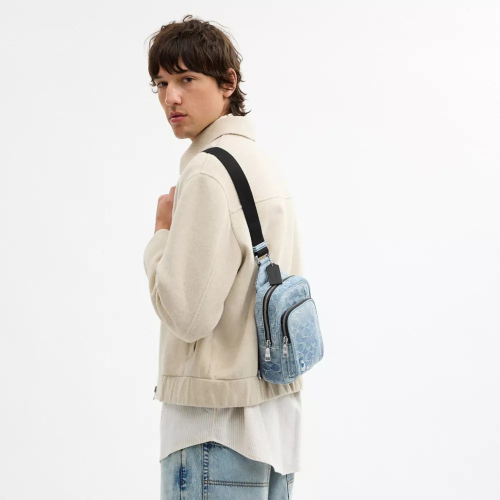 Racer Sling Pack In Loved Signature Denim - Silver/Light Indigo