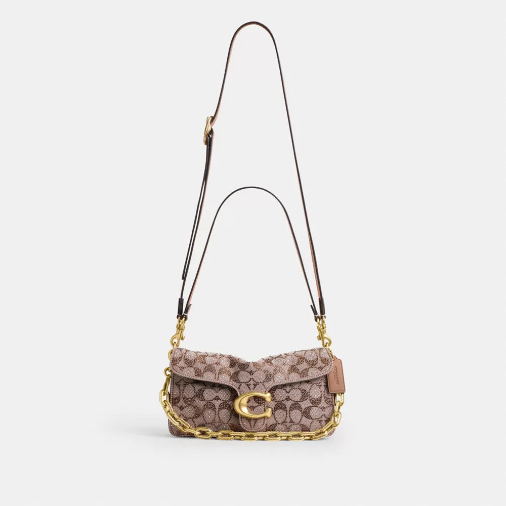 Tabby Shoulder Bag 26 In Crystal Signature Jacquard - Crystal/Brass/MUSHROOM
