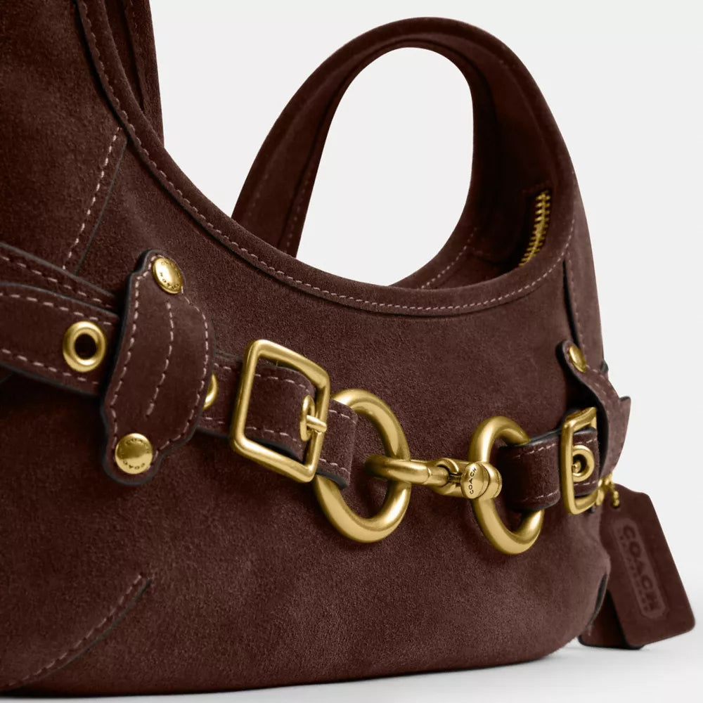Belted Ergo Shoulder Bag 26 - Suede/Brass/Dark Chocolate