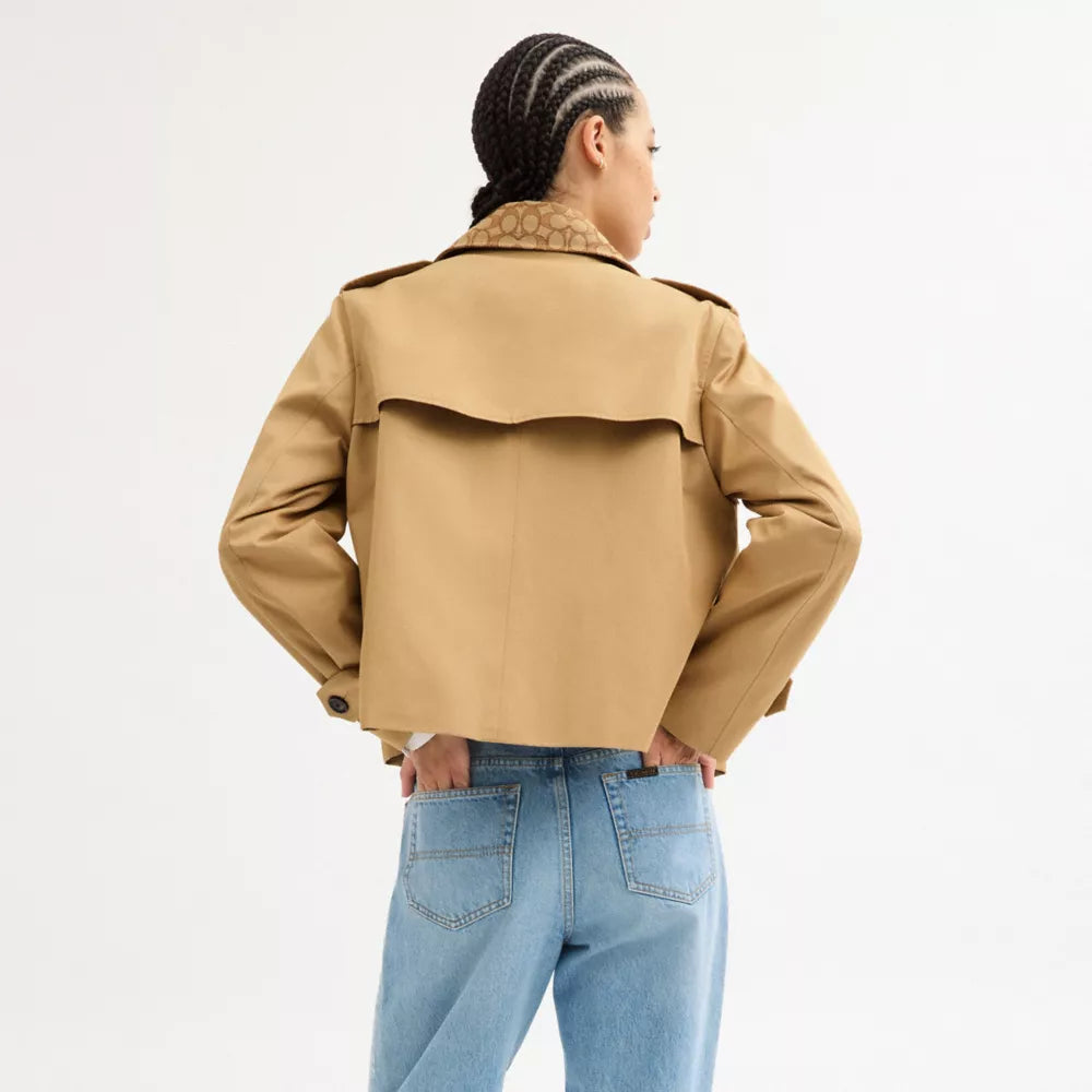 Short Trench Coat With Signature Collar - Khaki