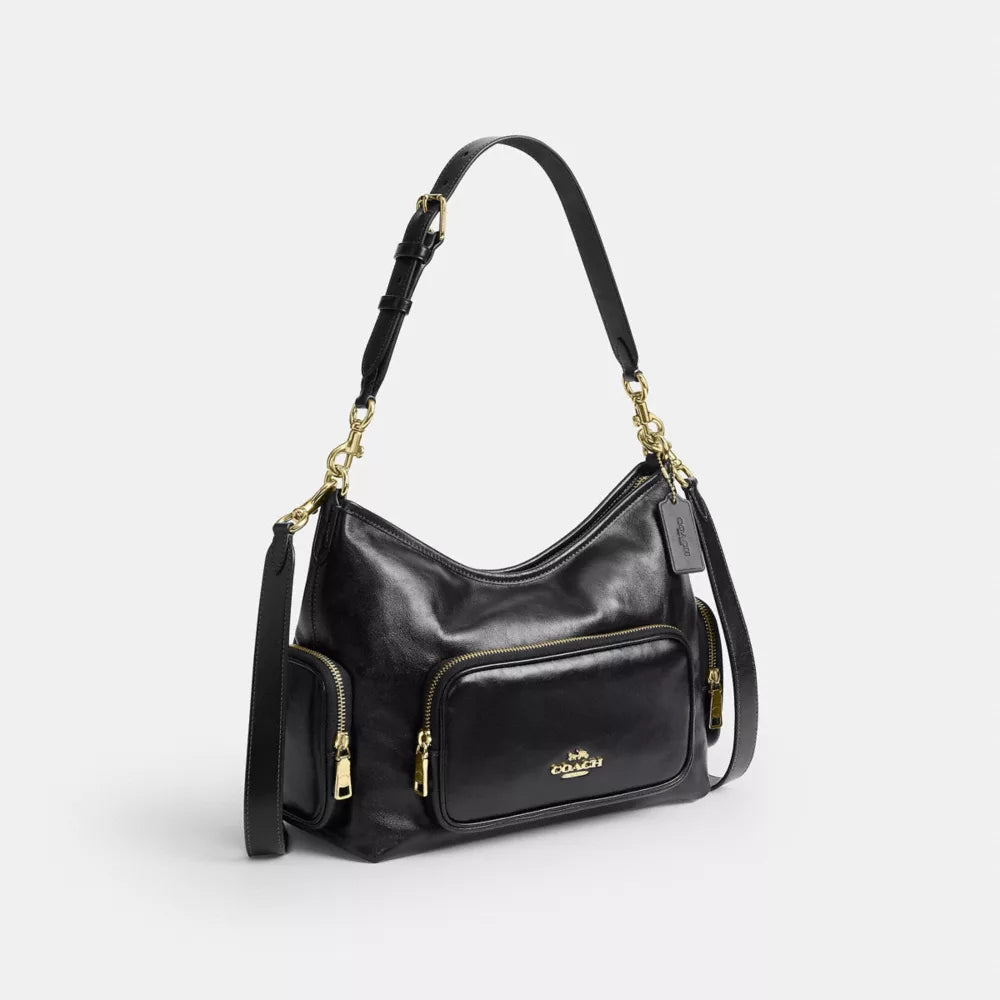 Laurel Shoulder Bag With Pockets - Crinkle Leather/Gold/Black