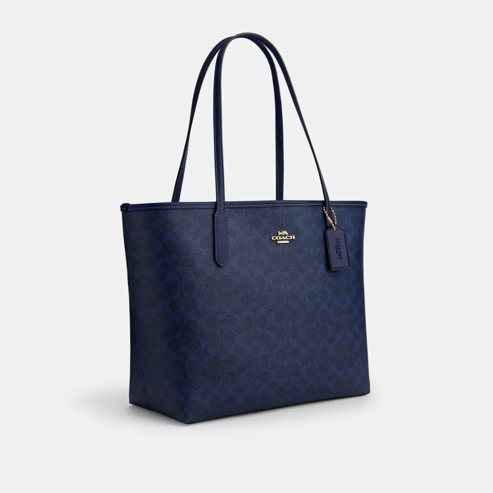 City Tote Bag In Signature Canvas - Gold/Navy