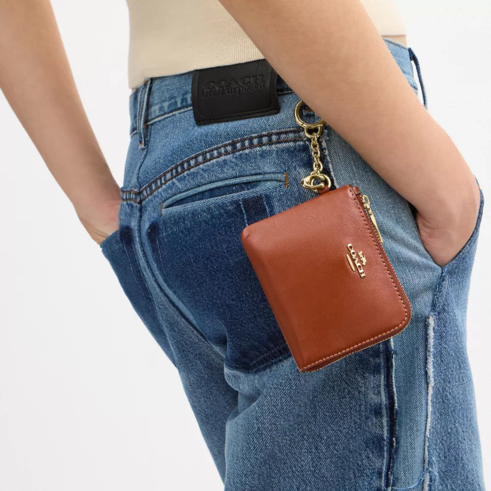 Small Corner Zip Wallet - Crinkle Leather/Gold/Cinnamon