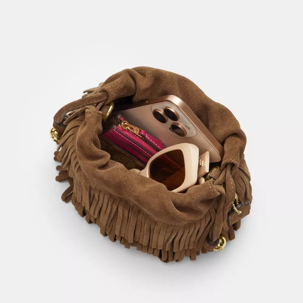 Faye Mini Drawstring Bag With Fringe - Suede/IM/Cedar