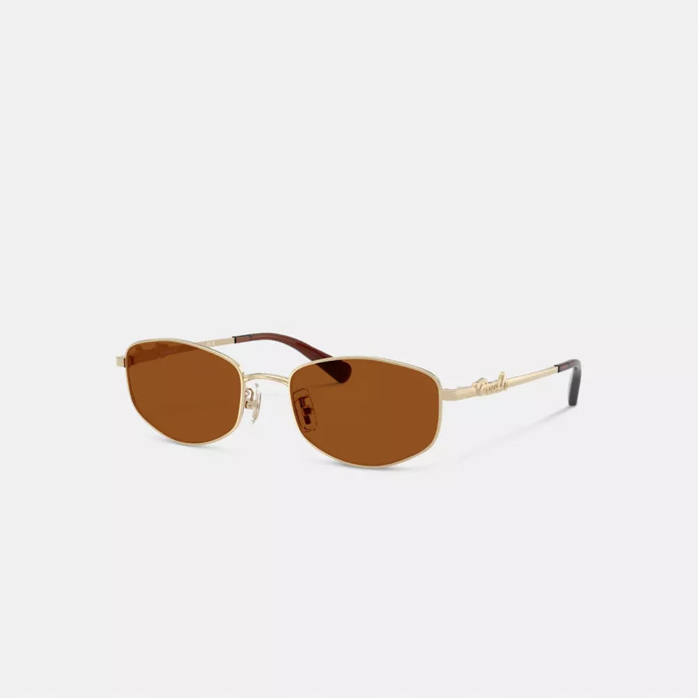 Coach Script Metal Narrow Rectangle Sunglasses - Brown/Gold