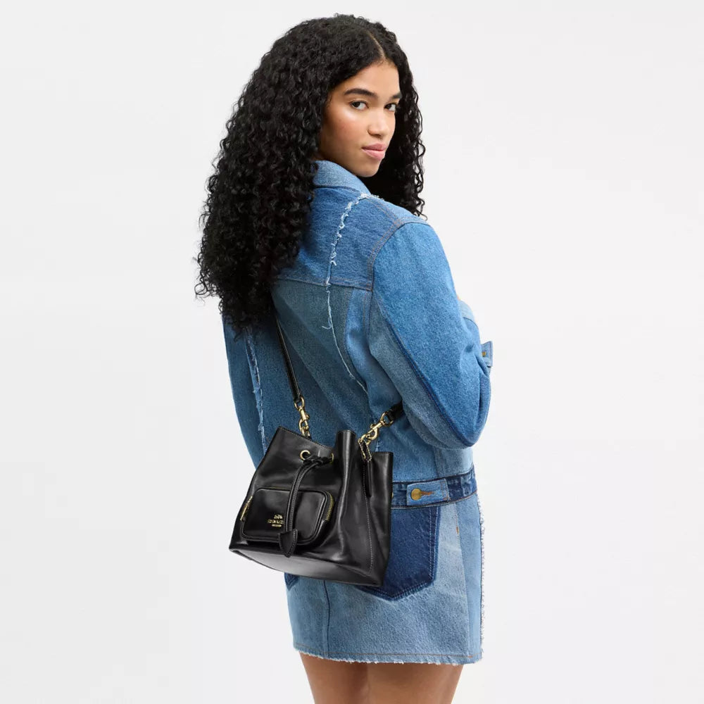 Rowan Bucket Bag With Pocket - Crinkle Leather/Gold/Black