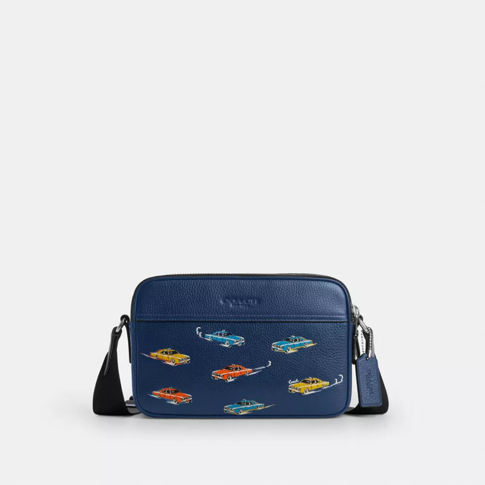 Graham Crossbody Bag With Car Print - Silver/Deep Blue Multi