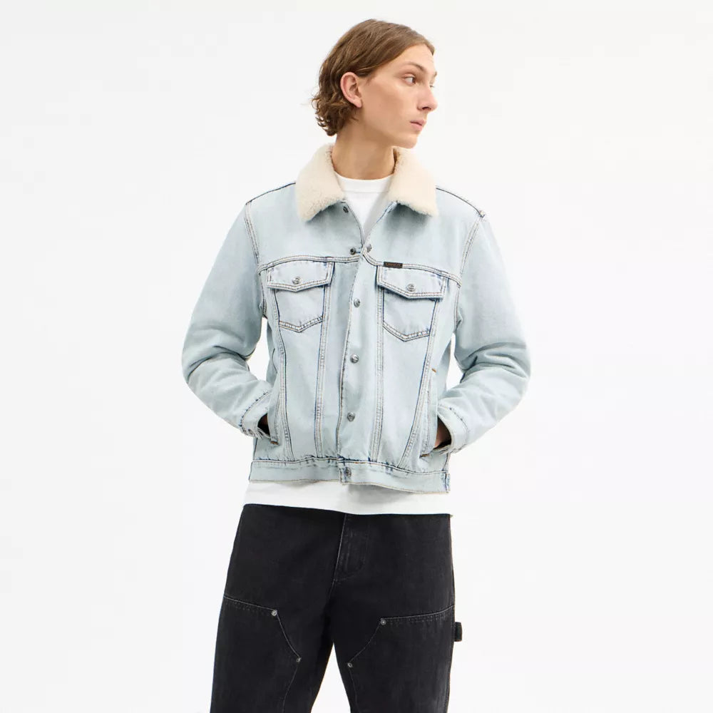 Denim Jacket With Shearling Collar - Light Wash