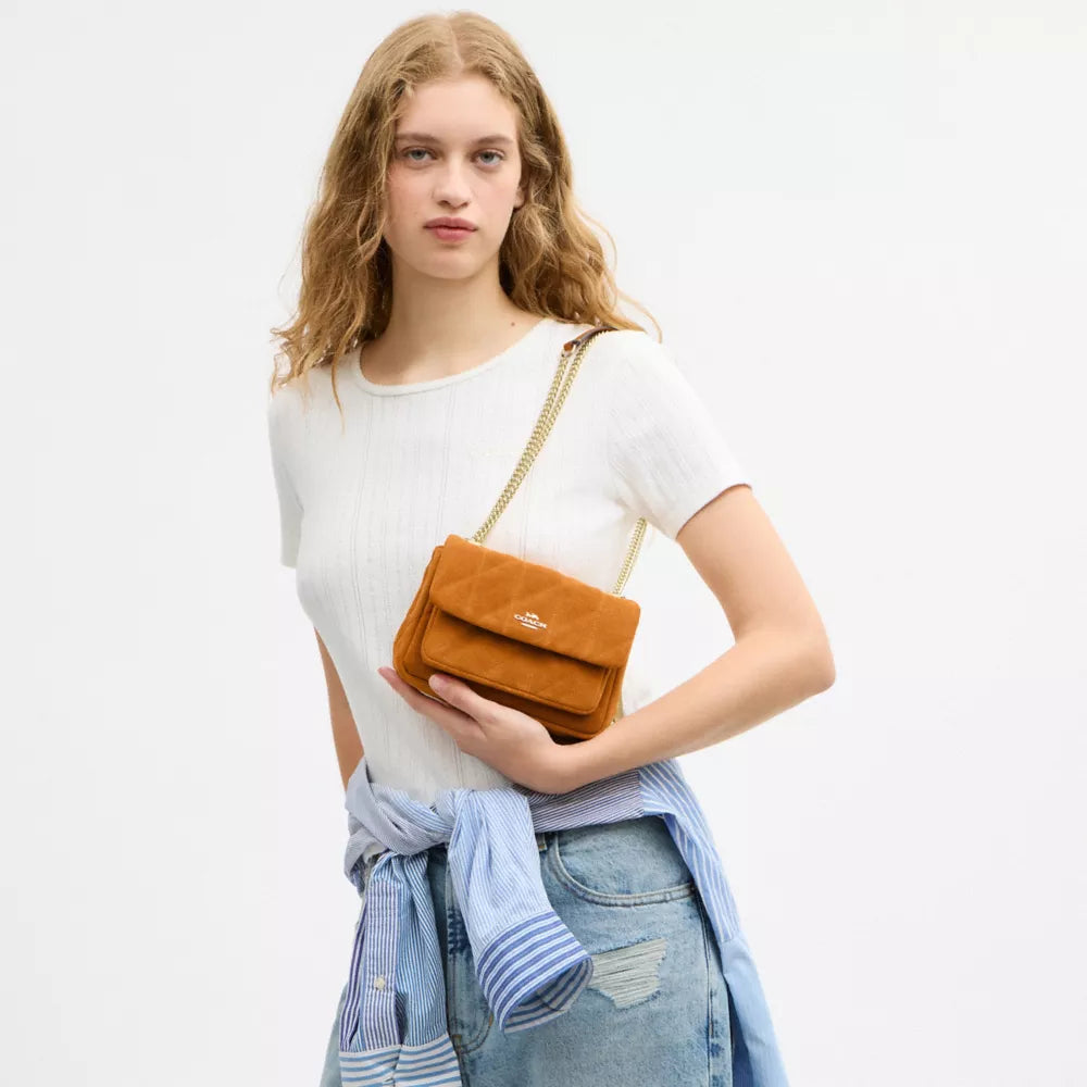 Elodie Crossbody Bag 18 With Quilting - Suede/Gold/Marigold