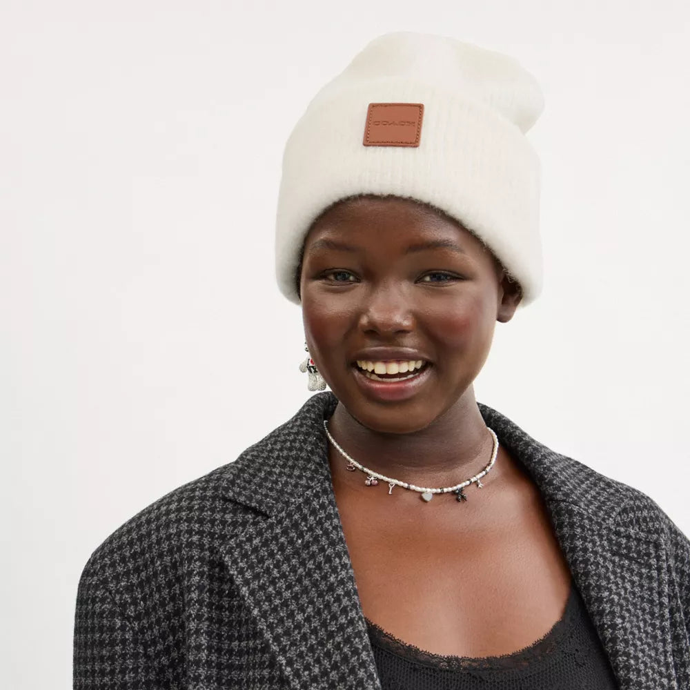 Knit Beanie With Leather Patch - Chalk