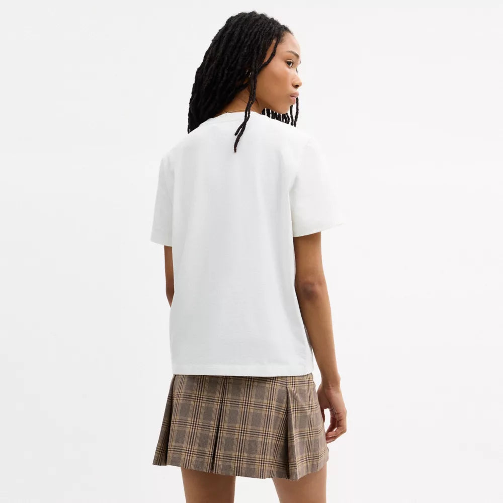 Signature Square Bow Classic T-Shirt In Organic Cotton - Vintage Ivory/Fuchsia