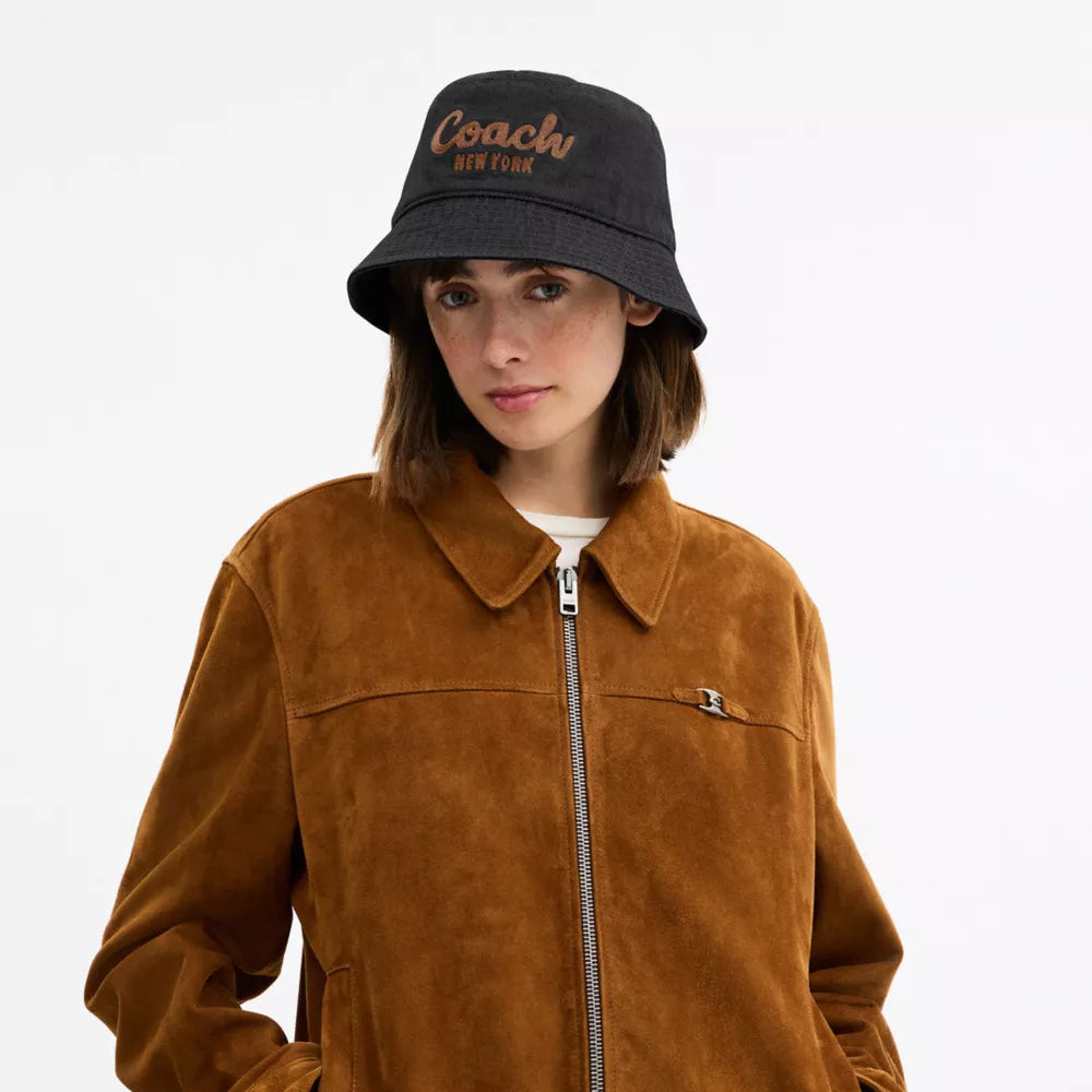 Coach Script Embroidered Denim Bucket Hat - Black