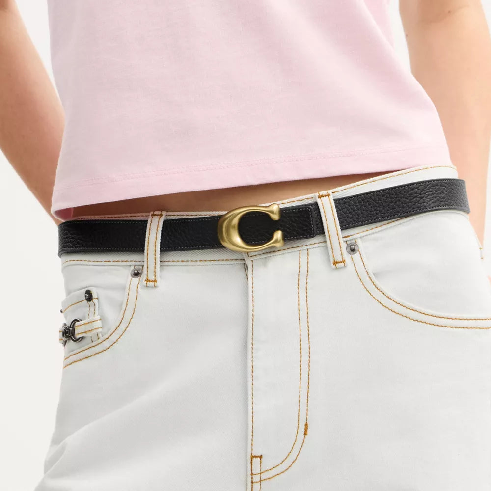 Sculpted C Buckle Reversible Belt, 25MM - Brass/Black Redwood