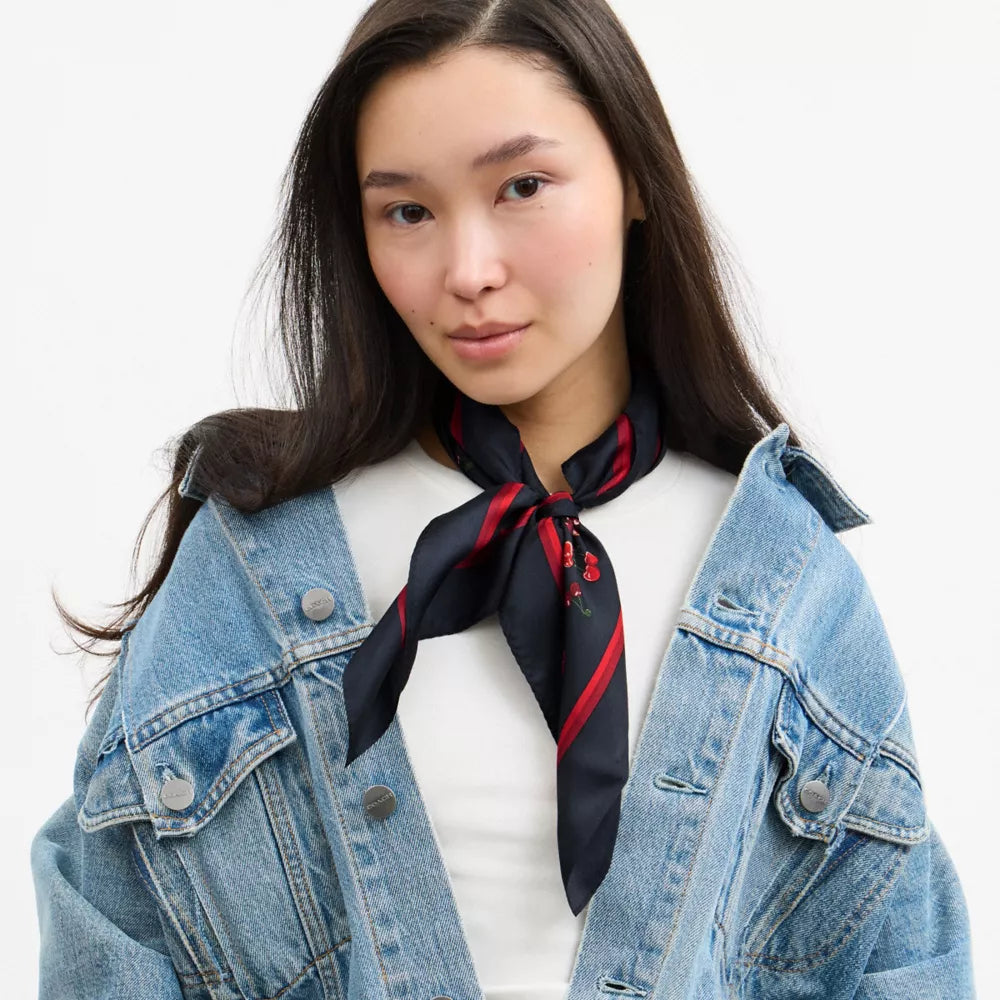 Cherry Mix Print Silk Bandana - Navy Multi