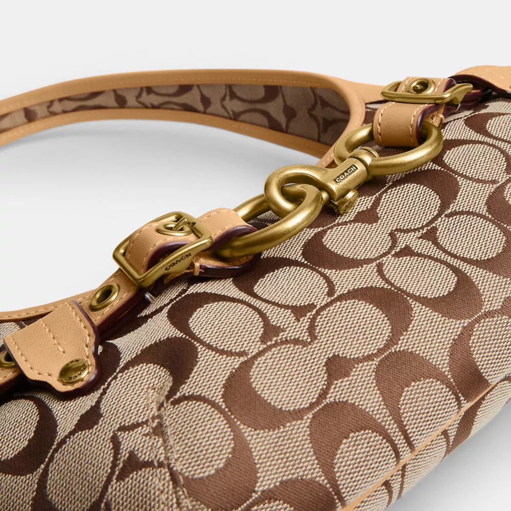 Belted Ergo Shoulder Bag 26 In Signature Jacquard - Jacquard/Brass/Khaki Light Peach