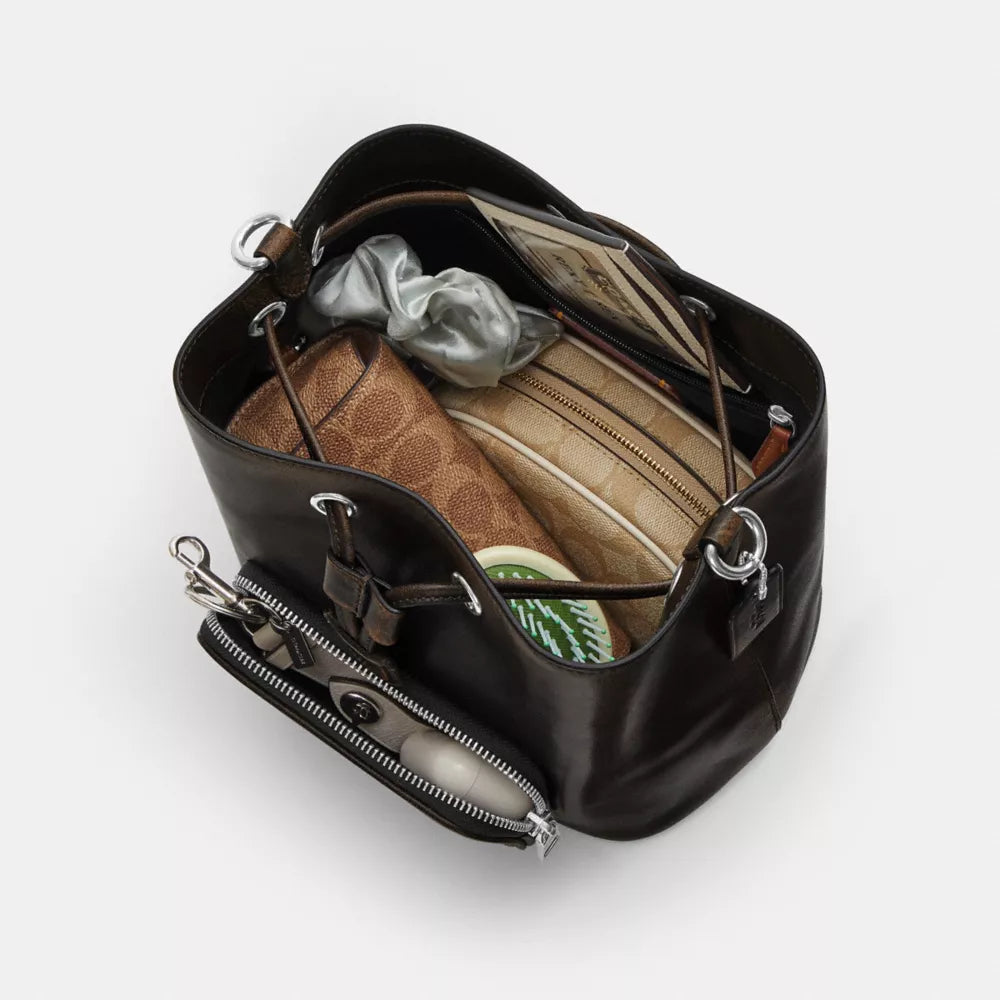 Rowan Bucket Bag With Pocket In Loved Leather - Silver/Black Brown