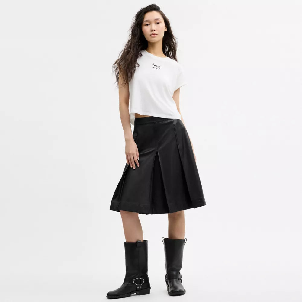 Pleated Leather Midi Skirt - Black