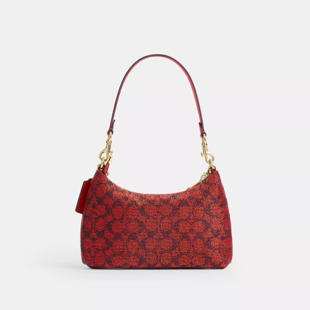 Teri Shoulder Bag In Signature Beaded Satin - Beaded Signature/Gold/Crimson