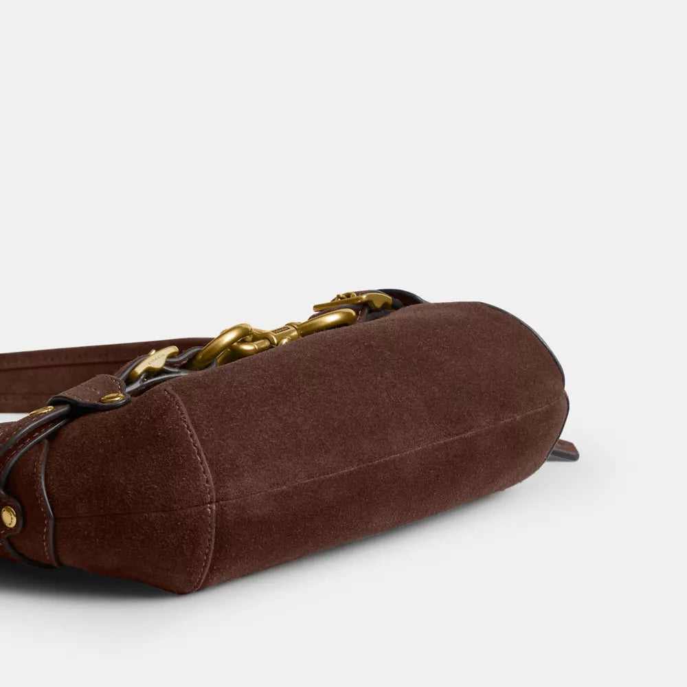 Belted Ergo Shoulder Bag 26 - Suede/Brass/Dark Chocolate