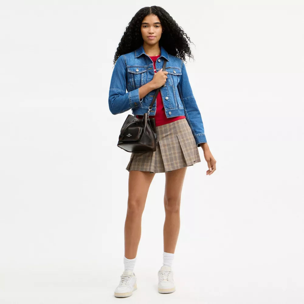 Rowan Bucket Bag With Pocket In Loved Leather - Silver/Black Brown