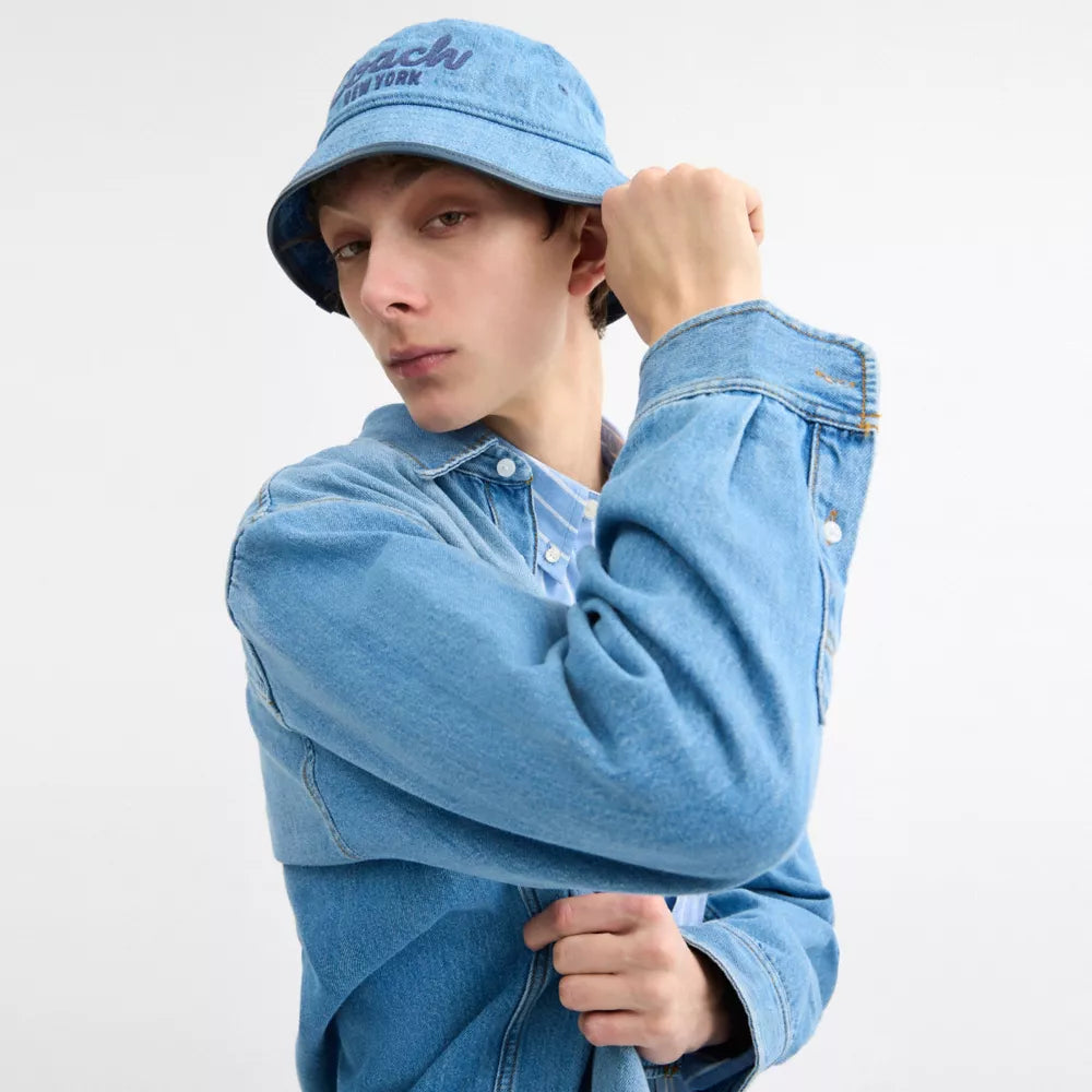 Coach Script Embroidered Denim Bucket Hat - Indigo