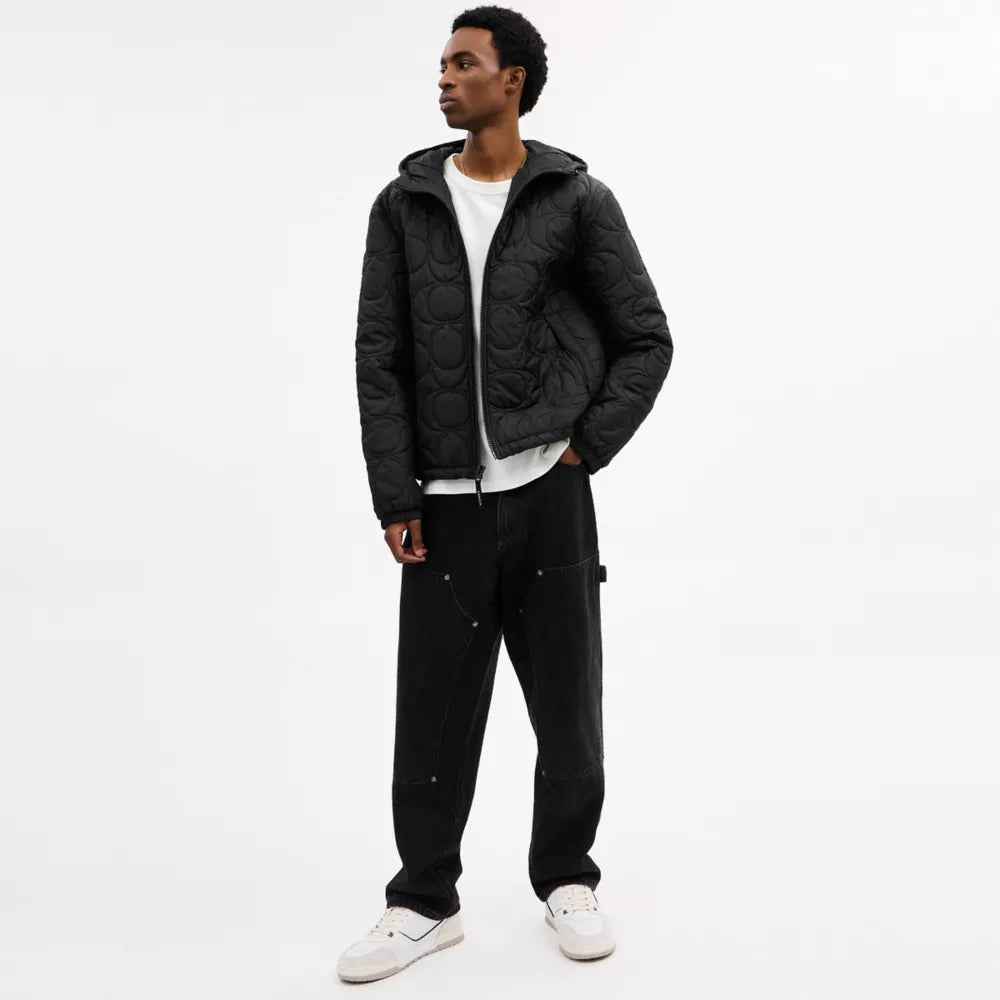 Quilted Signature Puffer Jacket In Recycled Polyester - Black