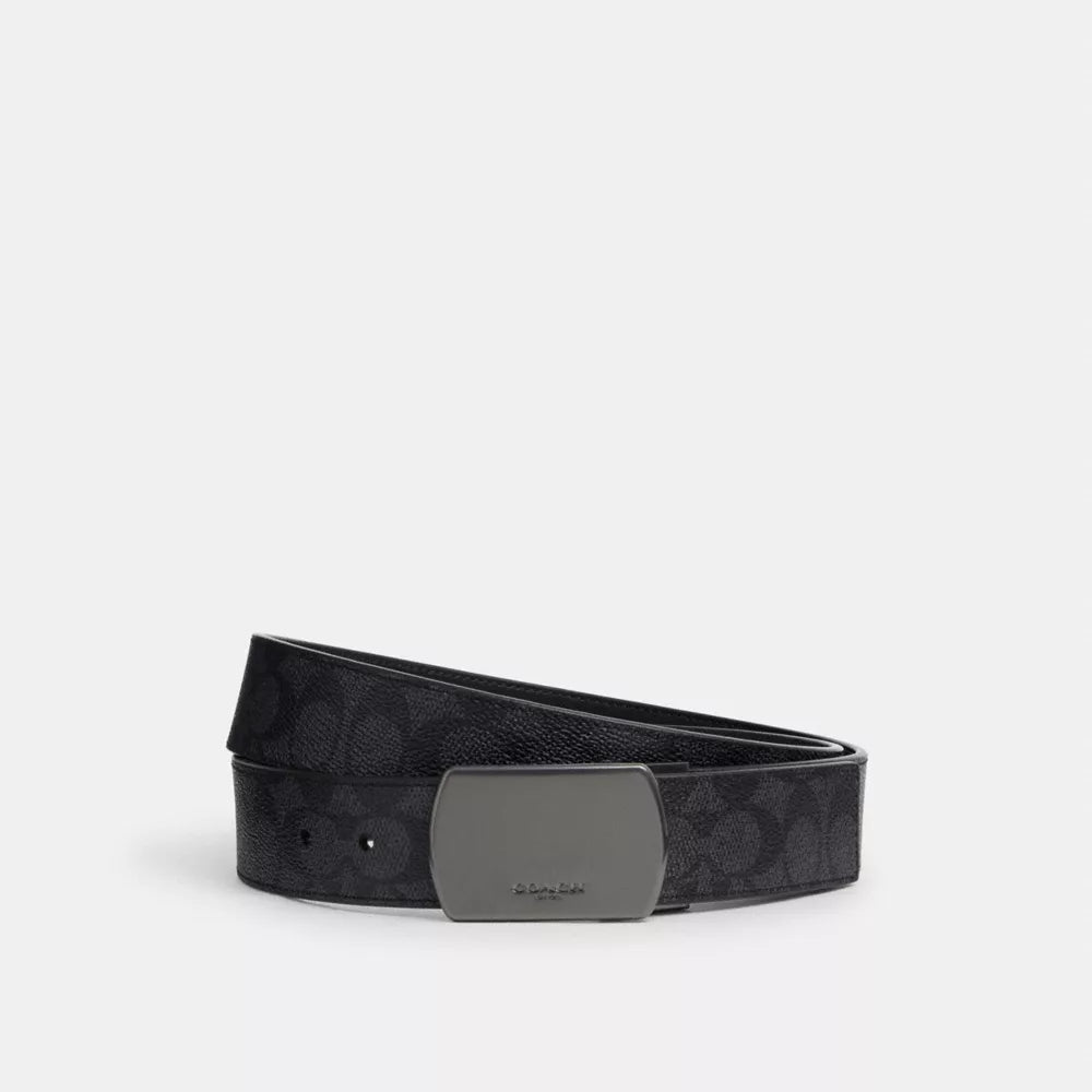 Plaque Buckle Cut-To-Size Reversible Belt, 38MM - Signature Canvas/Gunmetal/Charcoal/Black