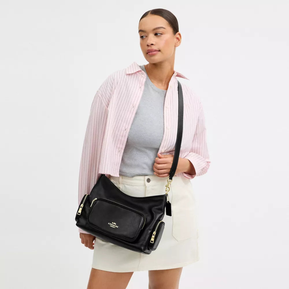Laurel Shoulder Bag With Pockets - Crinkle Leather/Gold/Black