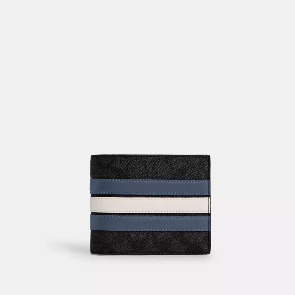 3-In-1 Wallet In Signature Canvas With Varsity Stripe - Signature Canvas/Charcoal/Denim/Chalk