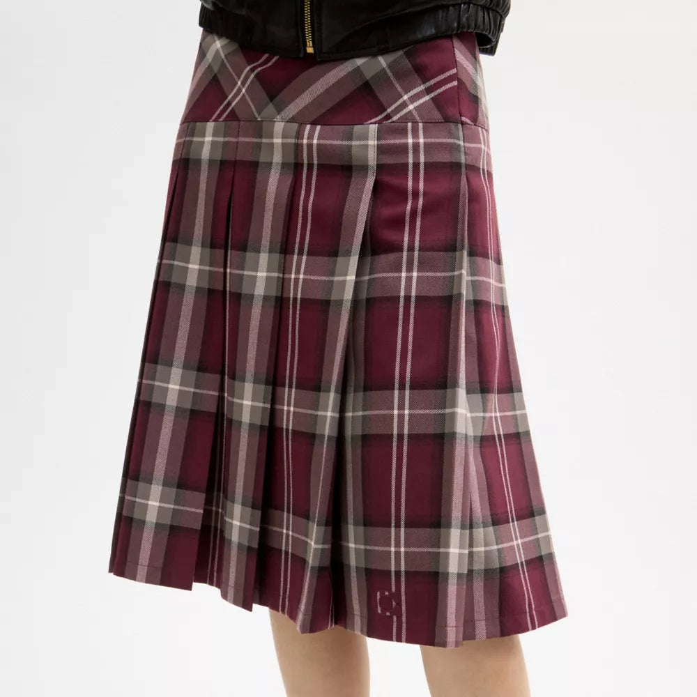 Pleated Plaid Midi Skirt - Merlot/Grey