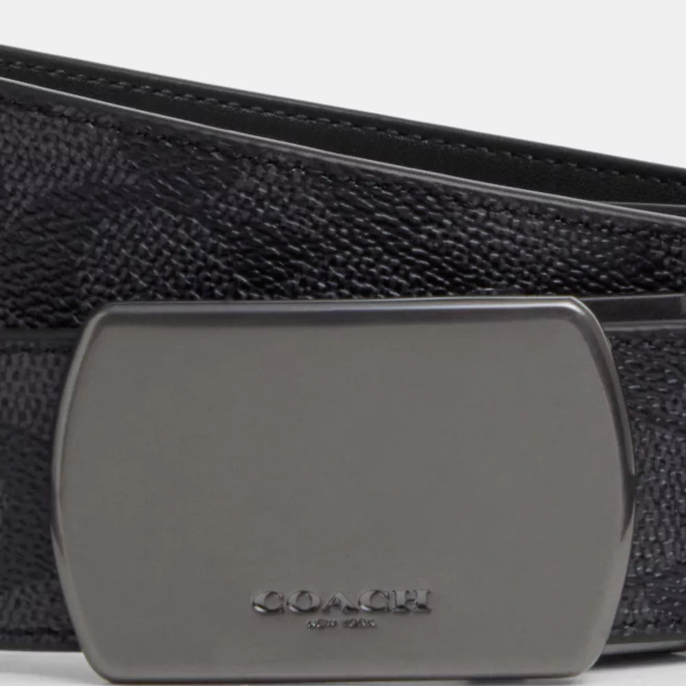 Plaque Buckle Cut-To-Size Reversible Belt, 38MM - Signature Canvas/Gunmetal/Charcoal/Black