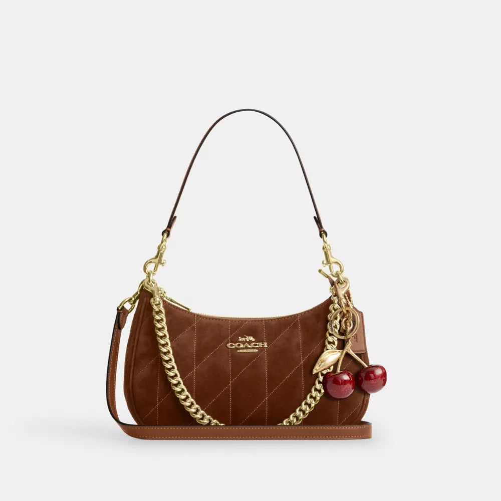 Teri Shoulder Bag With Quilting - Suede/Gold/Warm Brown