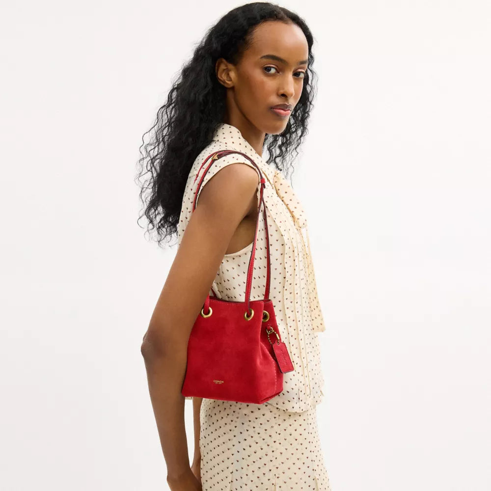 Jade Drawstring Bag - Suede/Brass/Candy Apple