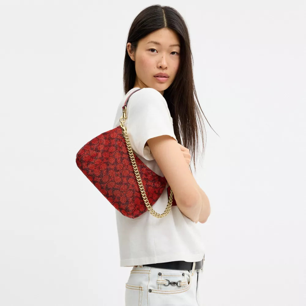 Teri Shoulder Bag In Signature Beaded Satin - Beaded Signature/Gold/Crimson