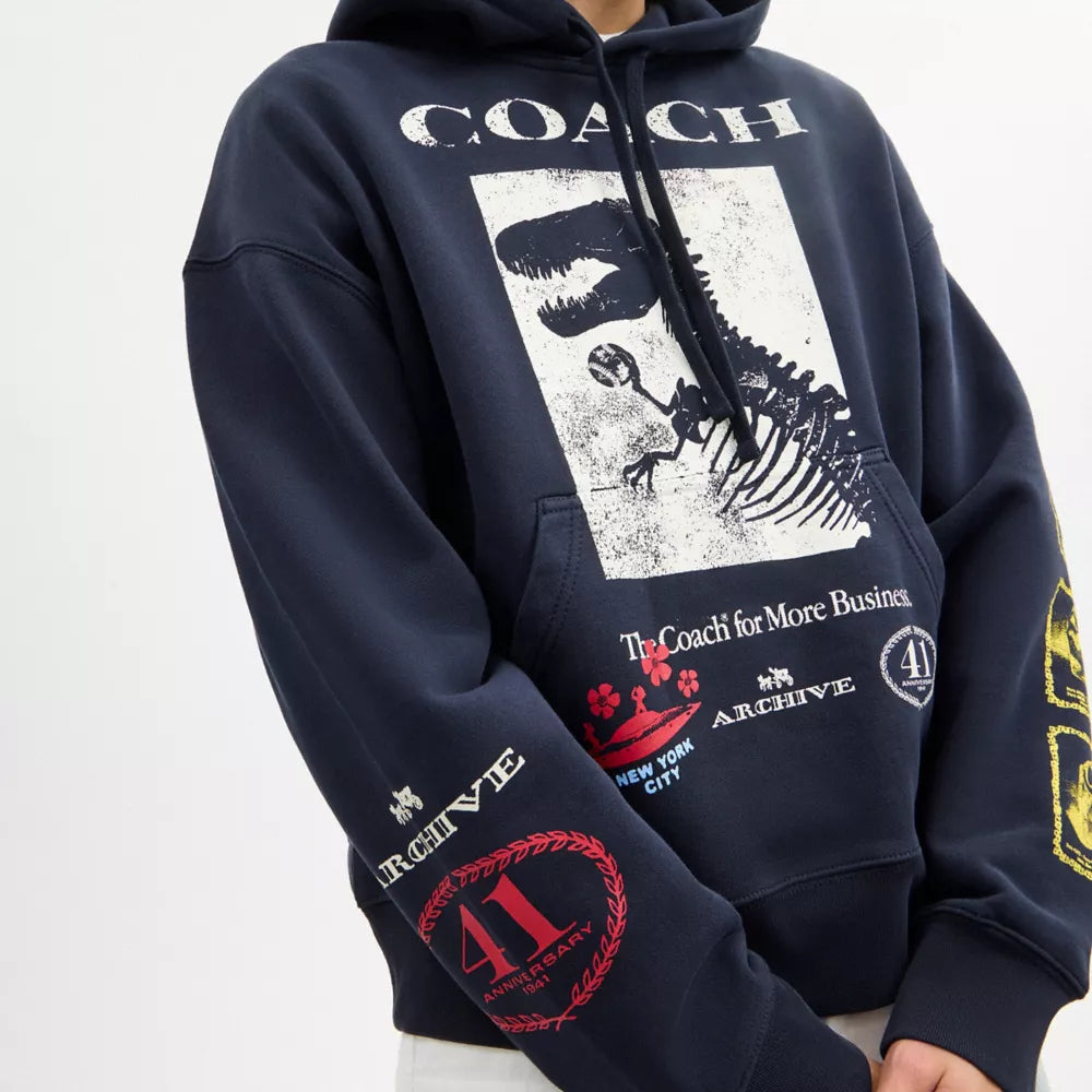 Dinosaur Collage Relaxed Hoodie In Organic Cotton - Navy Blue