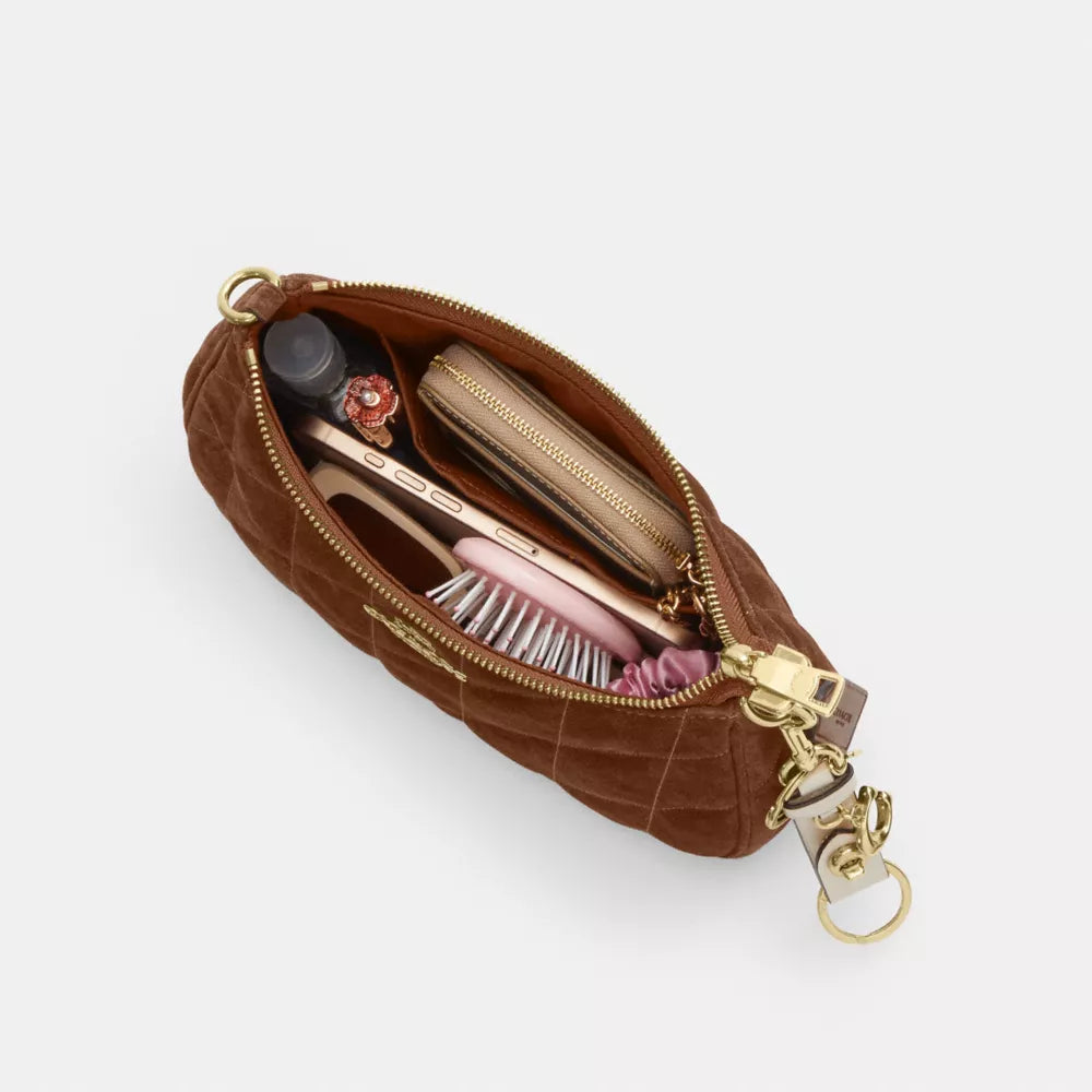 Teri Shoulder Bag With Quilting - Suede/Gold/Warm Brown