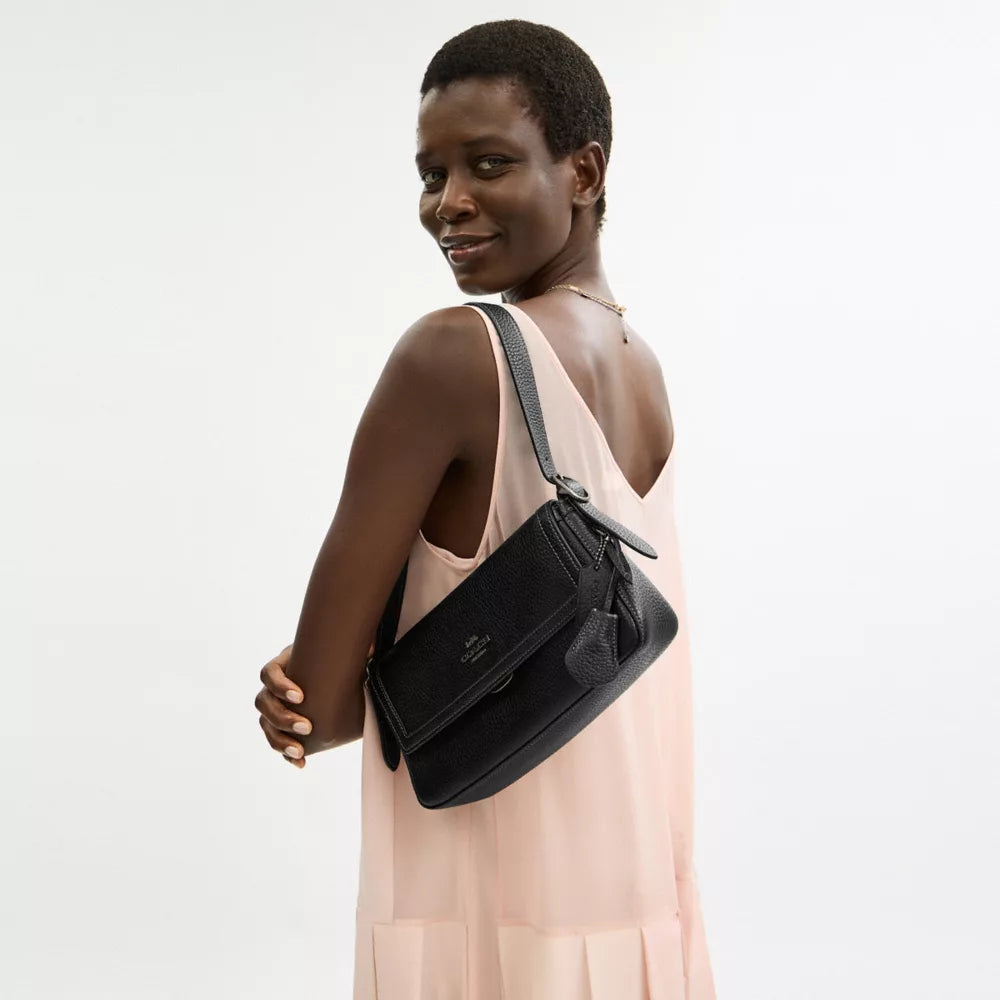 Etta Small Flap Shoulder Bag - Pebbled Leather/Gunmetal/Black