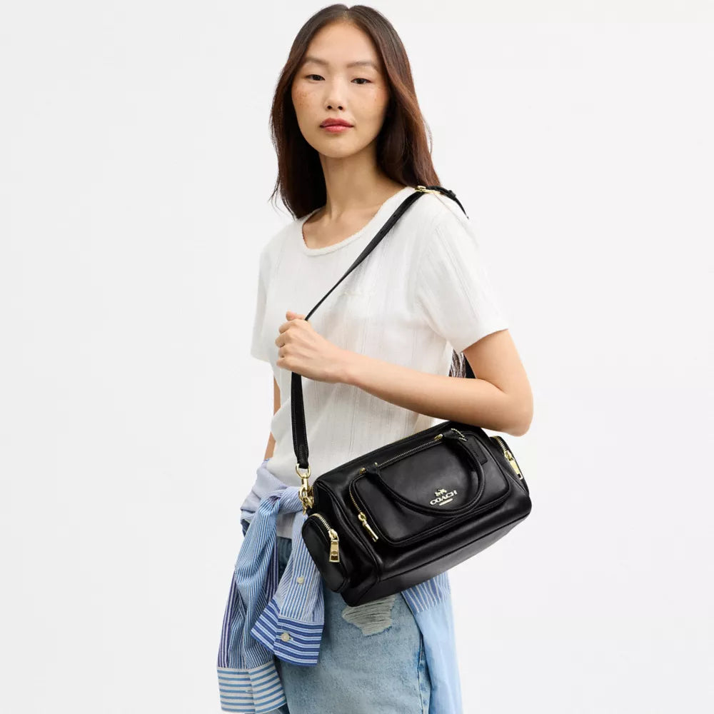 Rowan Satchel Bag With Pockets - Gold/Black