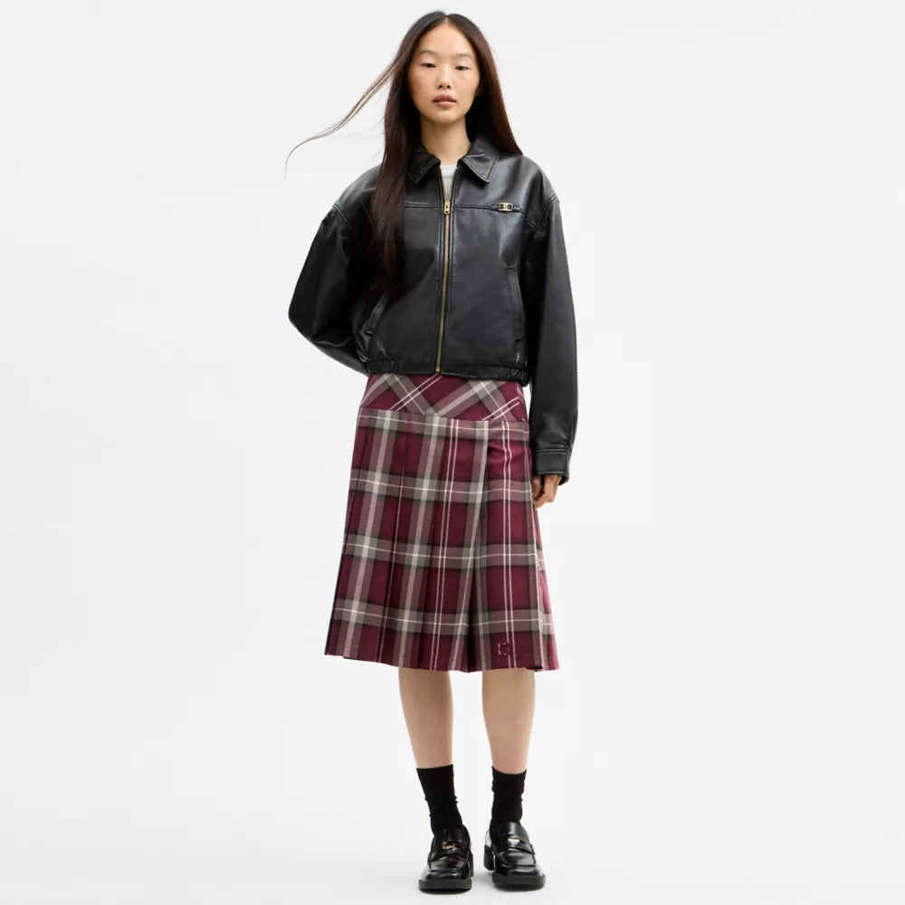 Pleated Plaid Midi Skirt - Merlot/Grey
