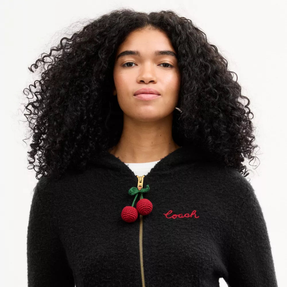 Cherry Charm Knit Hoodie - Black