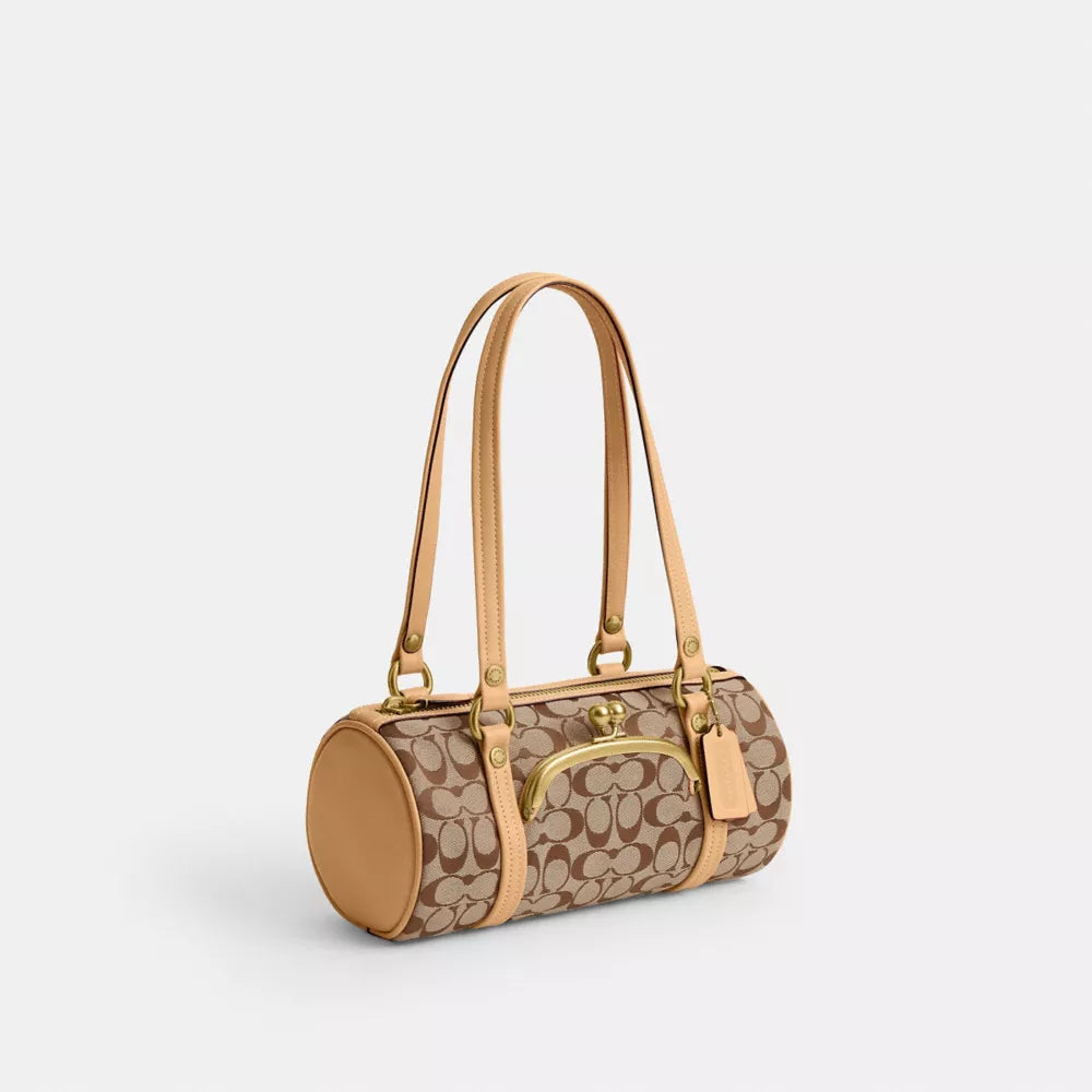 Kisslock Barrel Bag 28 In Signature Jacquard - Brass/Khaki Light Peach