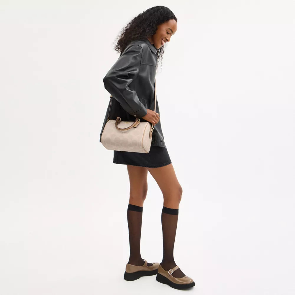 Rowan Satchel Bag In Blocked Signature Canvas - Signature Canvas/Gold/Sand/Tan