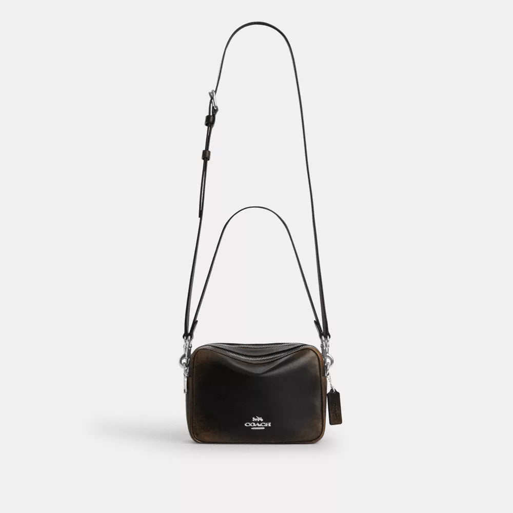 Carey Crossbody Bag In Loved Leather - Silver/Black Brown