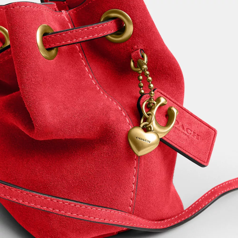 Jade Drawstring Bag - Suede/Brass/Candy Apple
