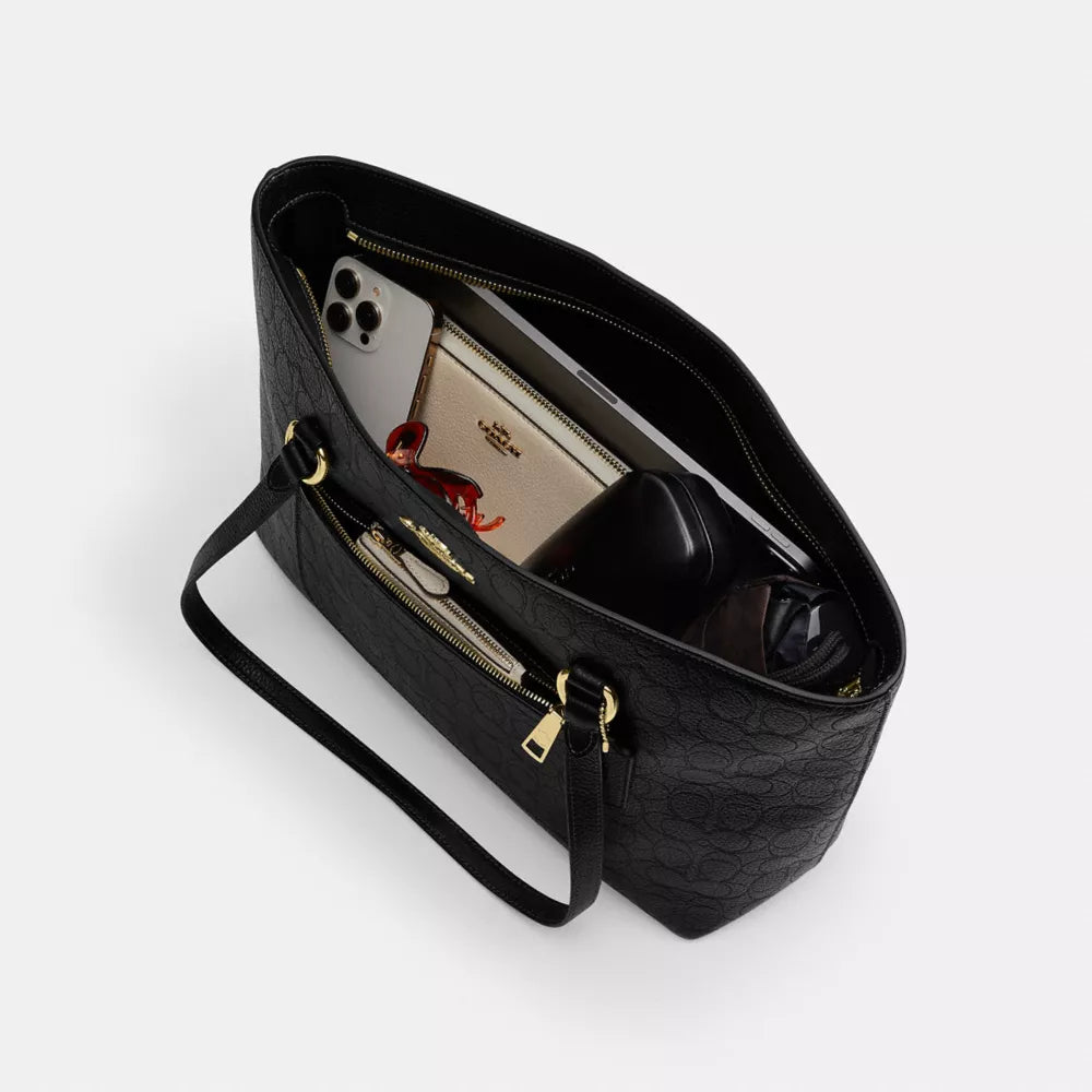 Station Tote Bag In Signature Leather - Pebbled Leather/Gold/Black